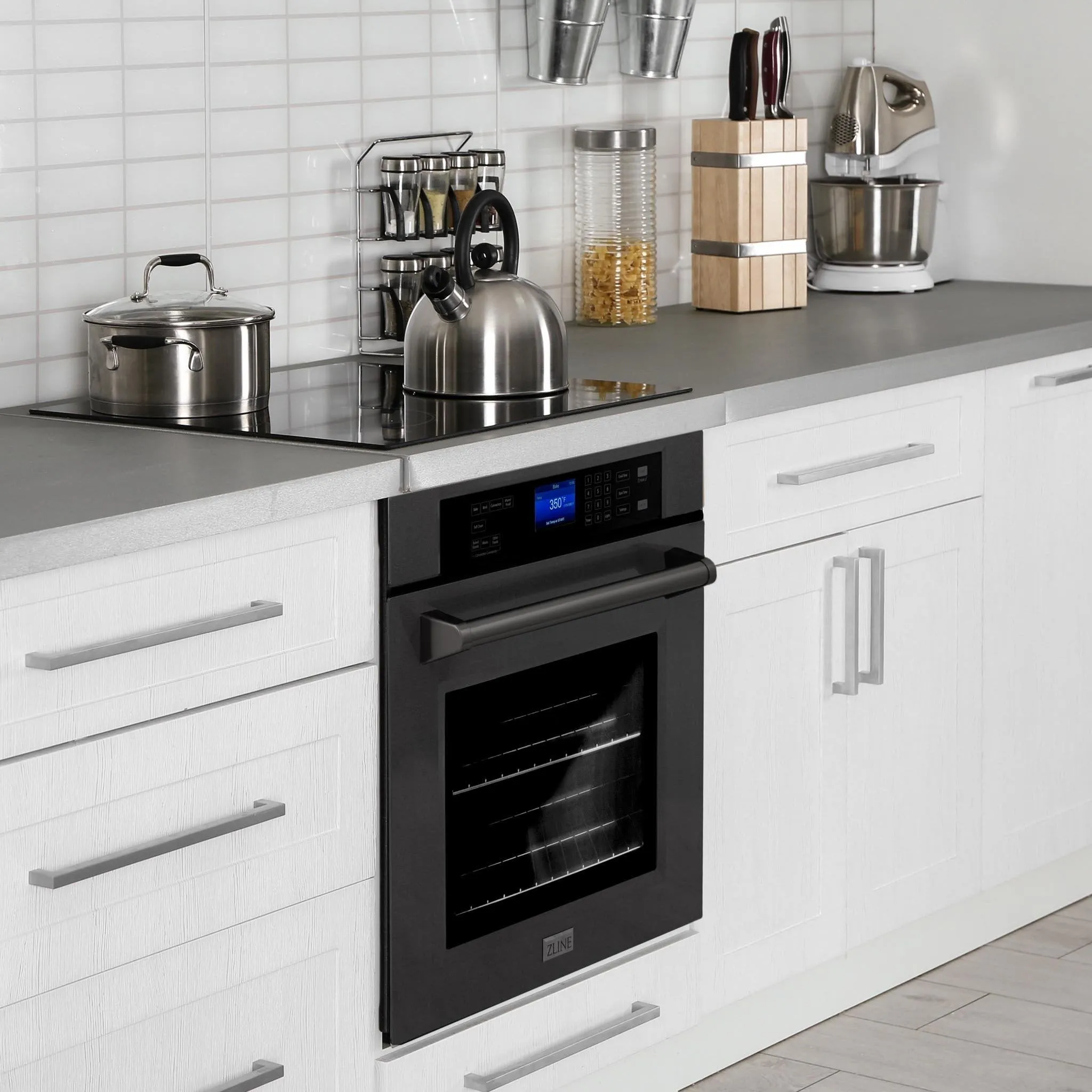 ZLINE 4-Piece Appliance Package - 30-Inch Rangetop with Brass Burners, Refrigerator, 30-Inch Electric Wall Oven, and Convertible Wall Mount Hood in Black Stainless Steel (4KPR-RTBRH30-AWS)