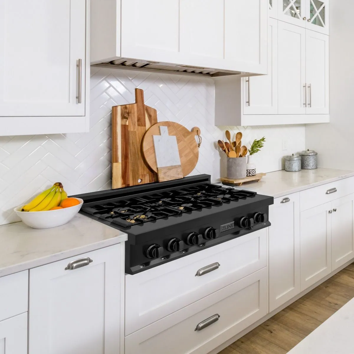 ZLINE 4-Piece Appliance Package - 36-Inch Rangetop with Brass Burners, Refrigerator, 30-Inch Electric Double Wall Oven, and Convertible Wall Mount Hood in Black Stainless Steel (4KPR-RTBRH36-AWD)