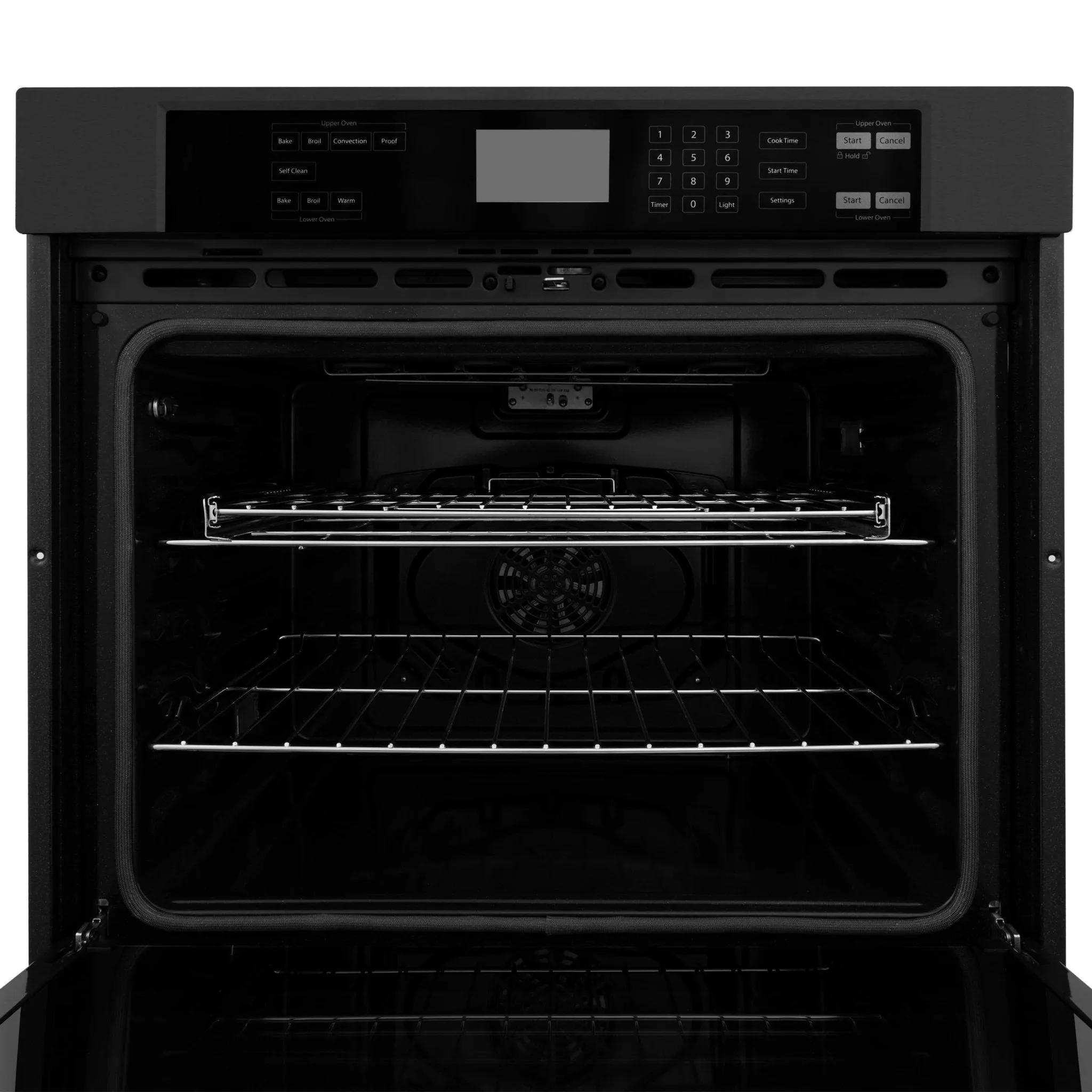 ZLINE 4-Piece Appliance Package - 36-Inch Rangetop with Brass Burners, Refrigerator, 30-Inch Electric Double Wall Oven, and Convertible Wall Mount Hood in Black Stainless Steel (4KPR-RTBRH36-AWD)
