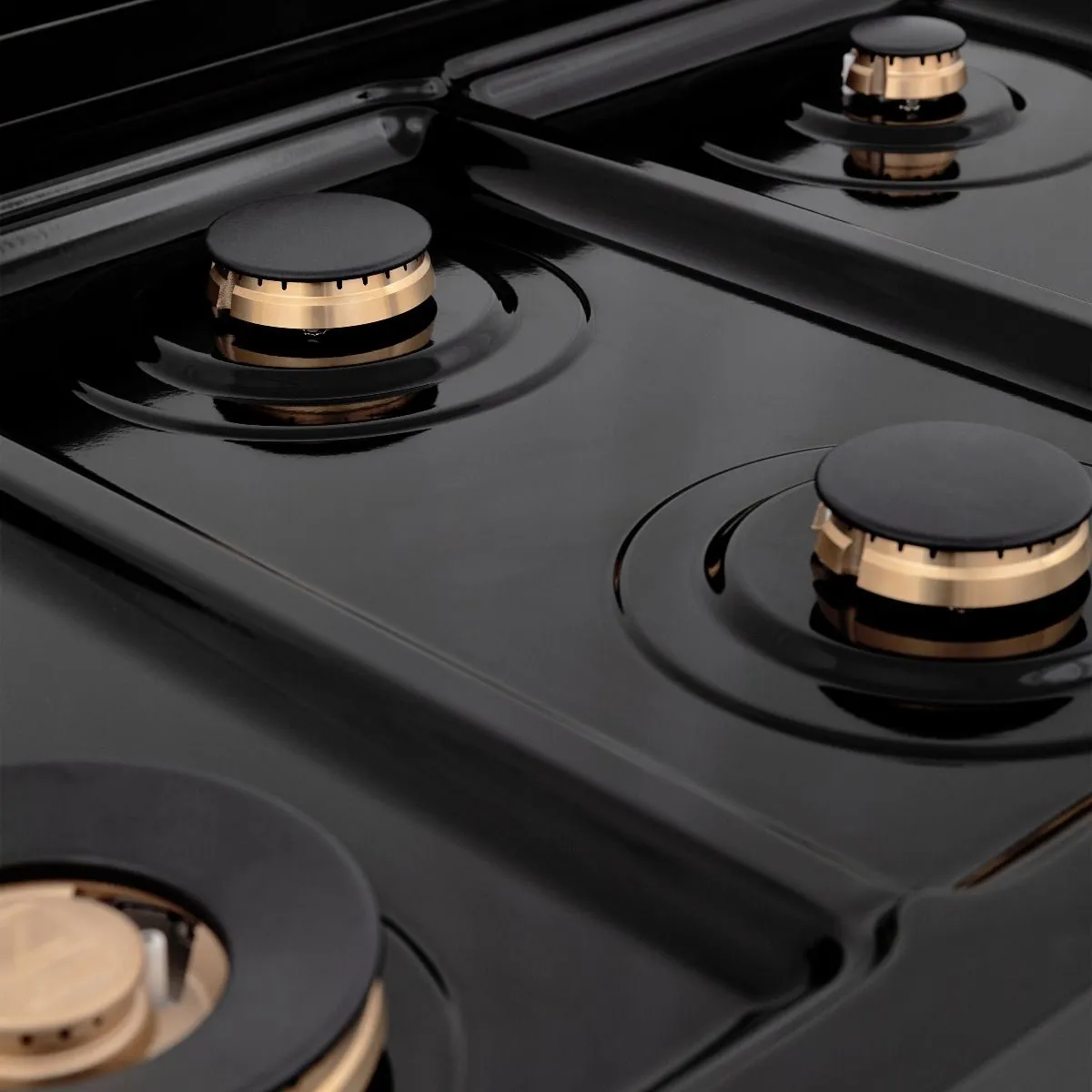 ZLINE 4-Piece Appliance Package - 36-Inch Rangetop with Brass Burners, Refrigerator, 30-Inch Electric Double Wall Oven, and Convertible Wall Mount Hood in Black Stainless Steel (4KPR-RTBRH36-AWD)