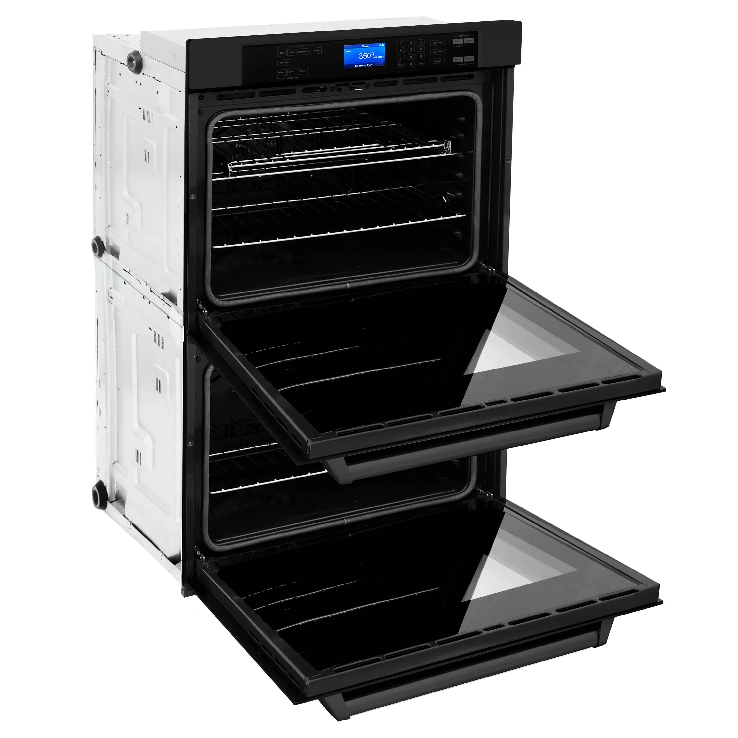 ZLINE 4-Piece Appliance Package - 36-Inch Rangetop with Brass Burners, Refrigerator, 30-Inch Electric Double Wall Oven, and Convertible Wall Mount Hood in Black Stainless Steel (4KPR-RTBRH36-AWD)