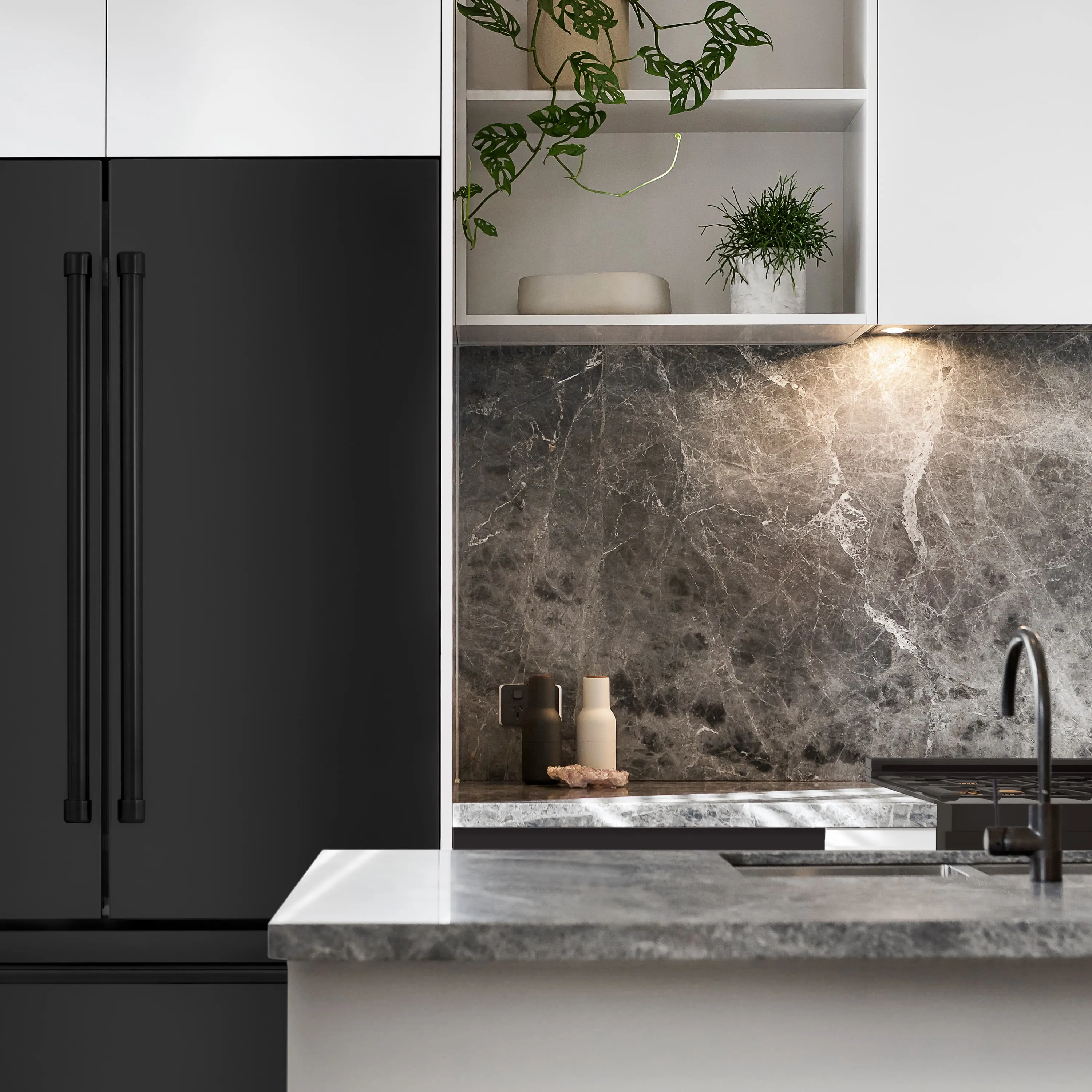 ZLINE 4-Piece Appliance Package - 36-Inch Rangetop with Brass Burners, Refrigerator, 30-Inch Electric Double Wall Oven, and Convertible Wall Mount Hood in Black Stainless Steel (4KPR-RTBRH36-AWD)