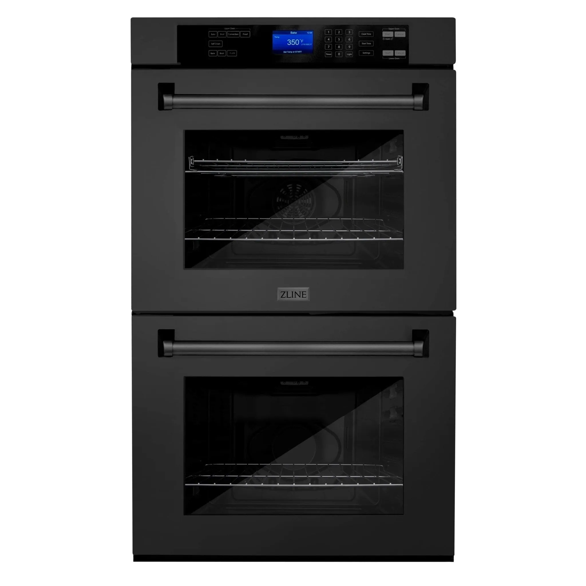 ZLINE 4-Piece Appliance Package - 36-Inch Rangetop with Brass Burners, Refrigerator, 30-Inch Electric Double Wall Oven, and Convertible Wall Mount Hood in Black Stainless Steel (4KPR-RTBRH36-AWD)