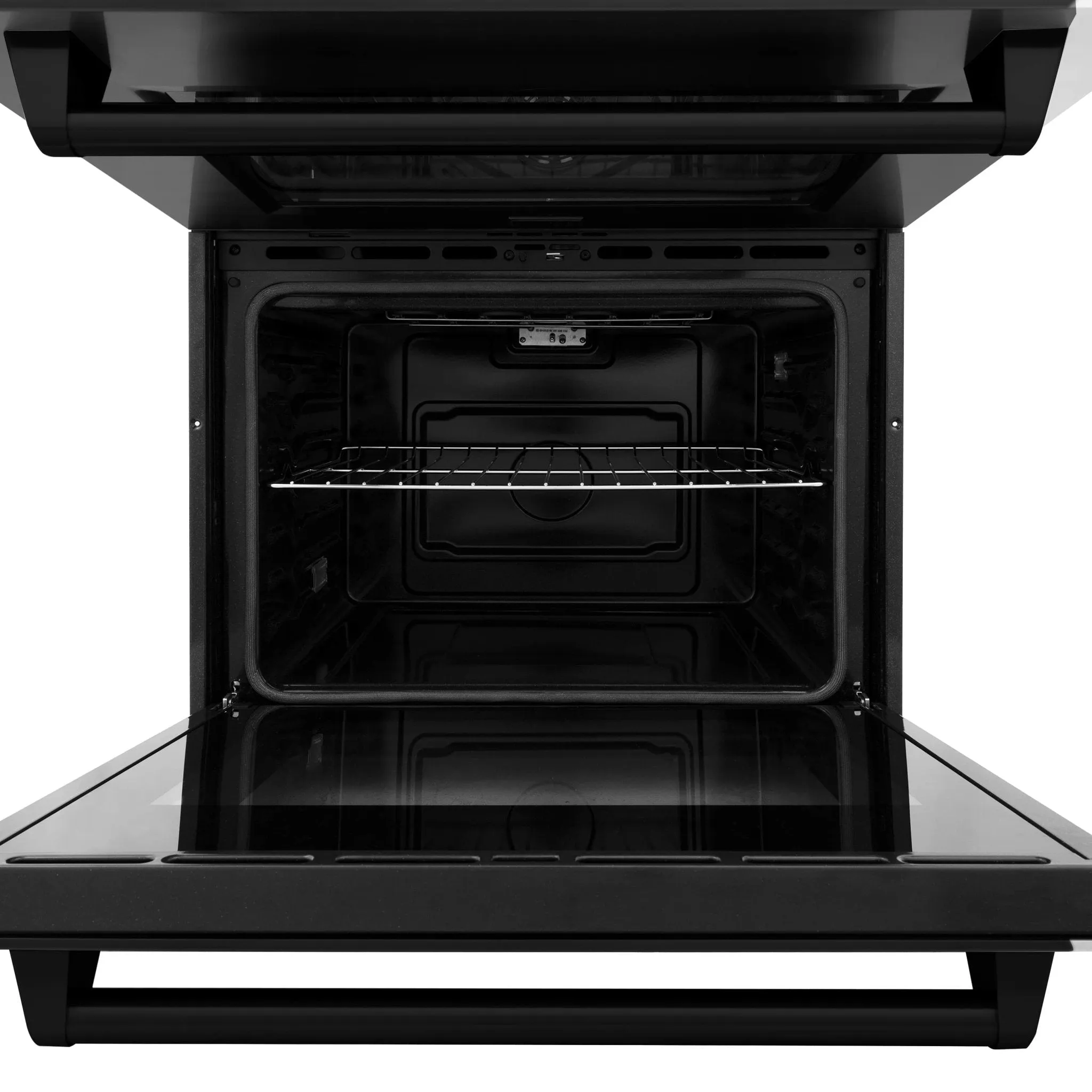 ZLINE 4-Piece Appliance Package - 36-Inch Rangetop with Brass Burners, Refrigerator, 30-Inch Electric Double Wall Oven, and Convertible Wall Mount Hood in Black Stainless Steel (4KPR-RTBRH36-AWD)