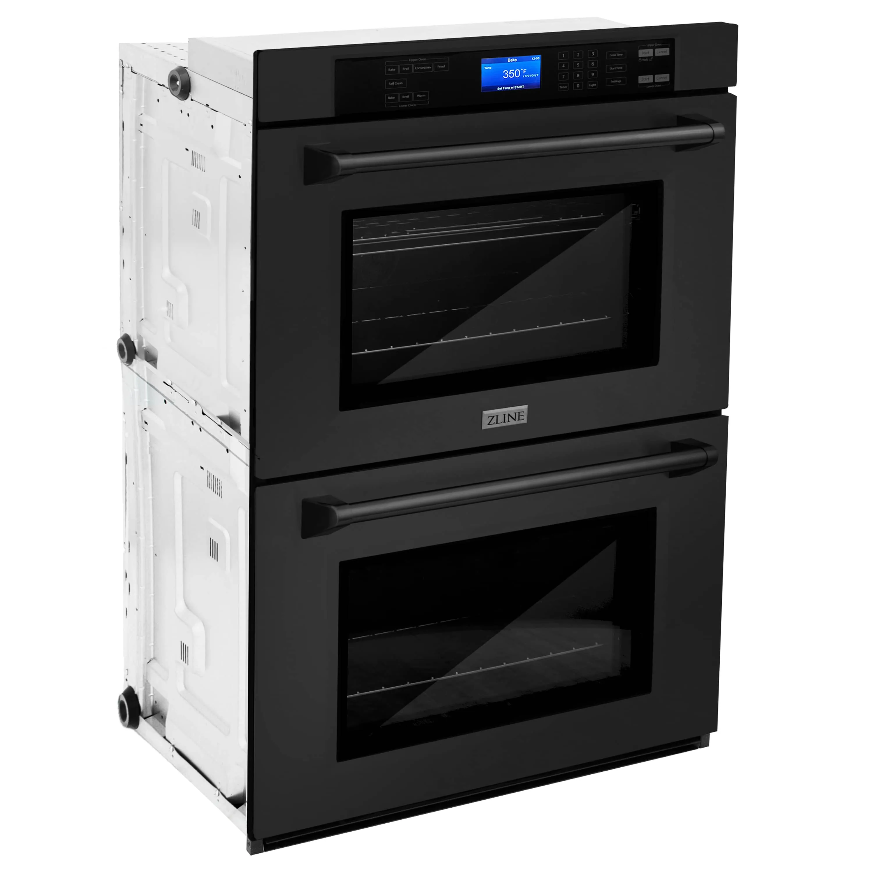 ZLINE 4-Piece Appliance Package - 36-Inch Rangetop with Brass Burners, Refrigerator, 30-Inch Electric Double Wall Oven, and Convertible Wall Mount Hood in Black Stainless Steel (4KPR-RTBRH36-AWD)