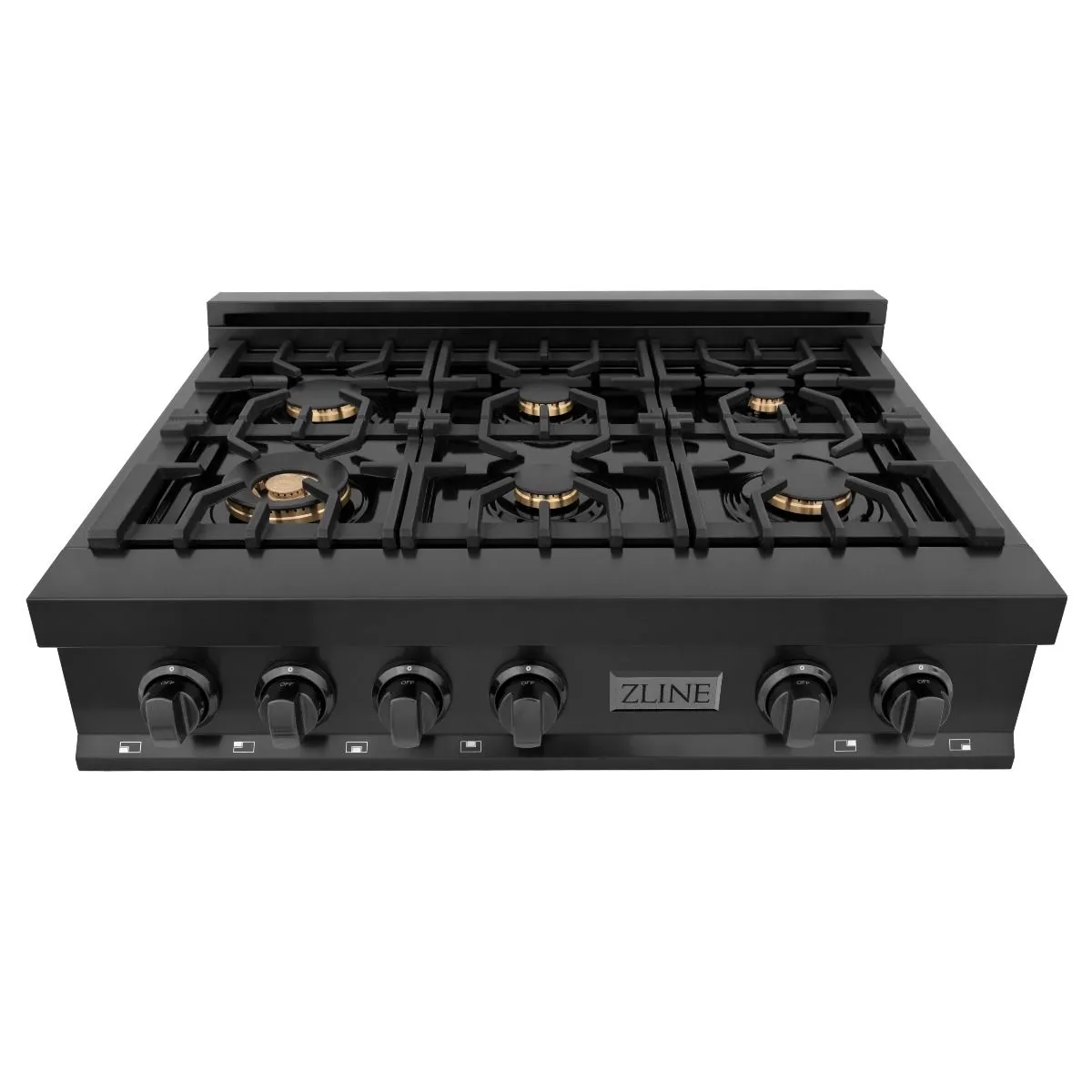 ZLINE 4-Piece Appliance Package - 36-Inch Rangetop with Brass Burners, Refrigerator, 30-Inch Electric Double Wall Oven, and Convertible Wall Mount Hood in Black Stainless Steel (4KPR-RTBRH36-AWD)