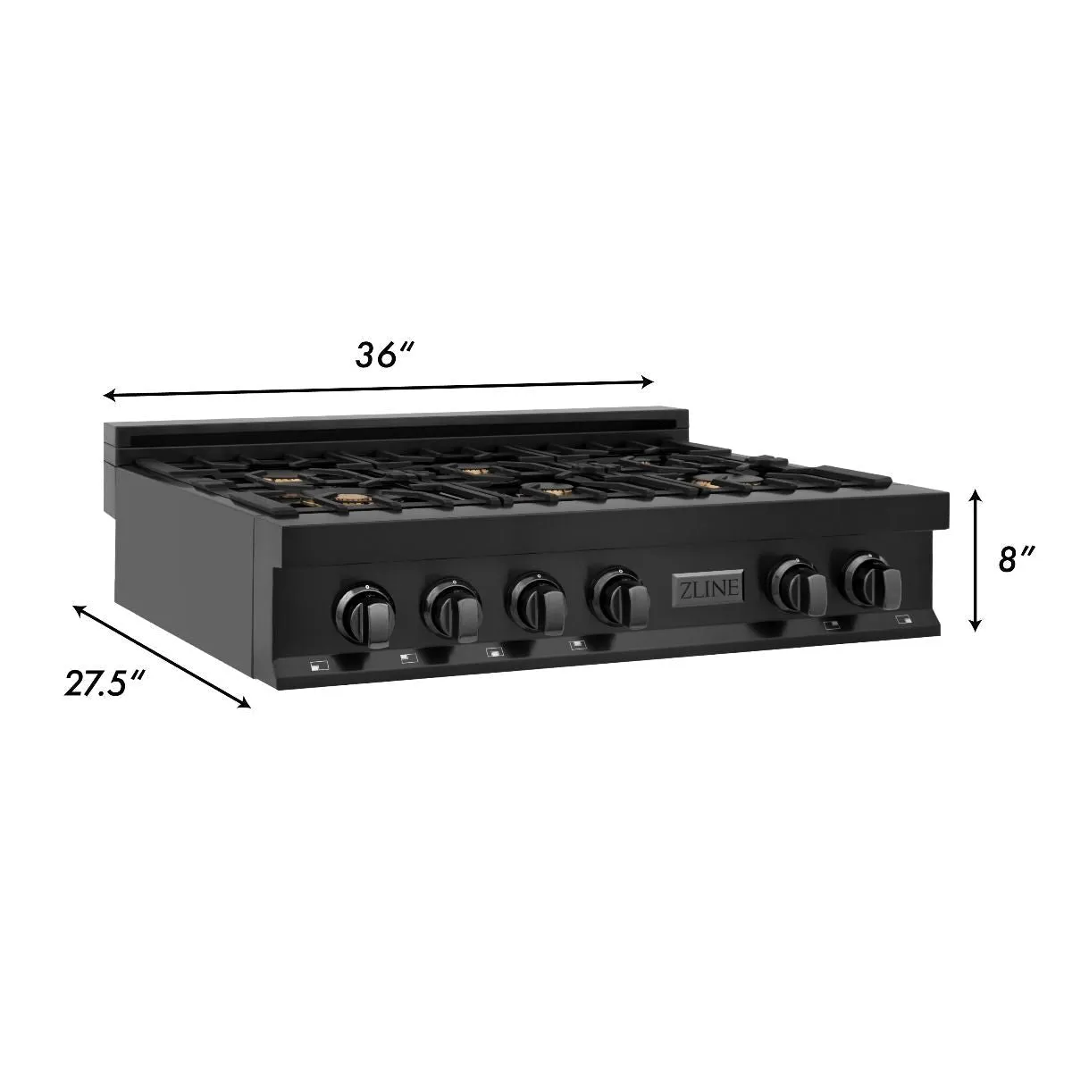 ZLINE 4-Piece Appliance Package - 36-Inch Rangetop with Brass Burners, Refrigerator, 30-Inch Electric Double Wall Oven, and Convertible Wall Mount Hood in Black Stainless Steel (4KPR-RTBRH36-AWD)