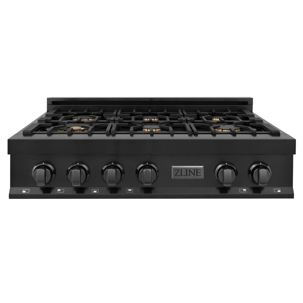 ZLINE 4-Piece Appliance Package - 36-Inch Rangetop with Brass Burners, Refrigerator, 30-Inch Electric Double Wall Oven, and Convertible Wall Mount Hood in Black Stainless Steel (4KPR-RTBRH36-AWD)